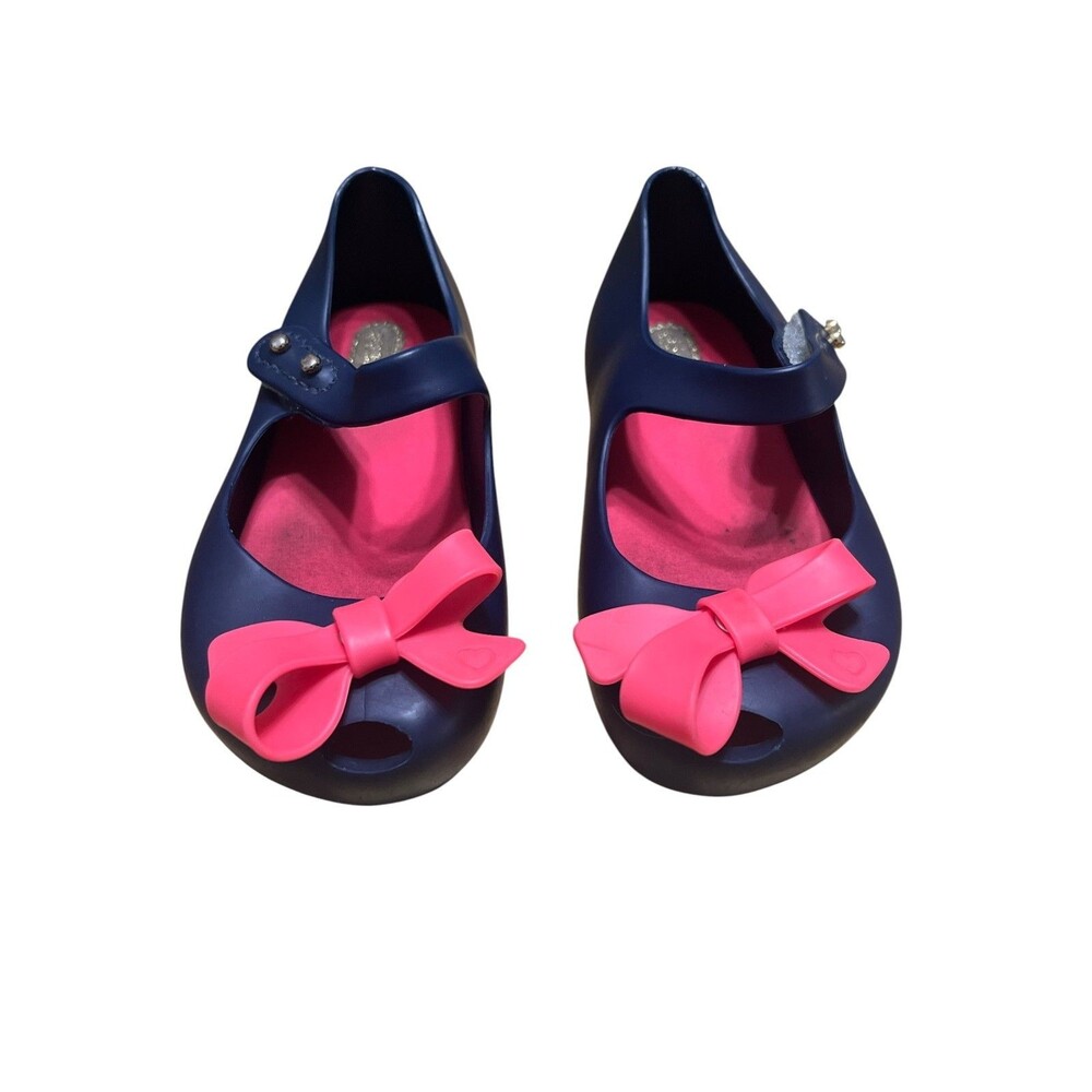 Mini Melissa Toddler Navy Blue Mary Jane Jelly Shoes with Pink Bow Size 7 Play